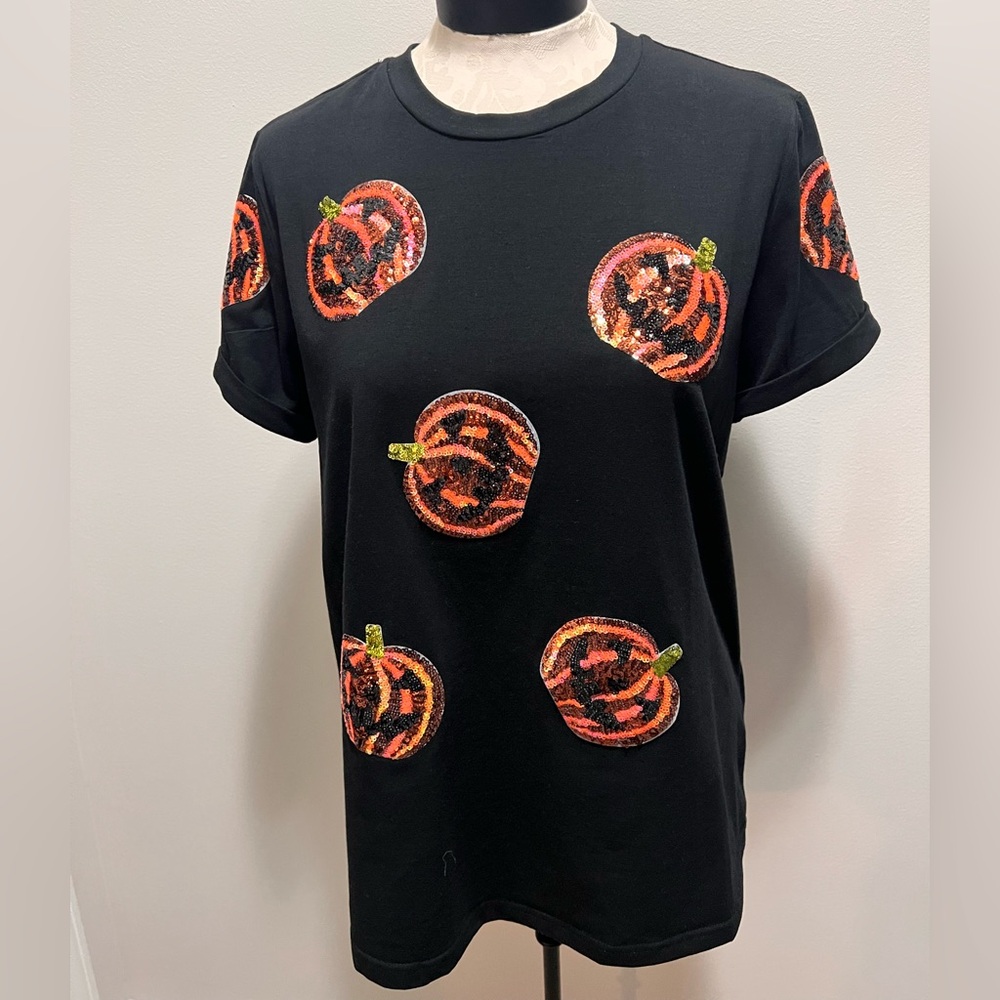 Black T-Shirt with Sequin Pumpkins